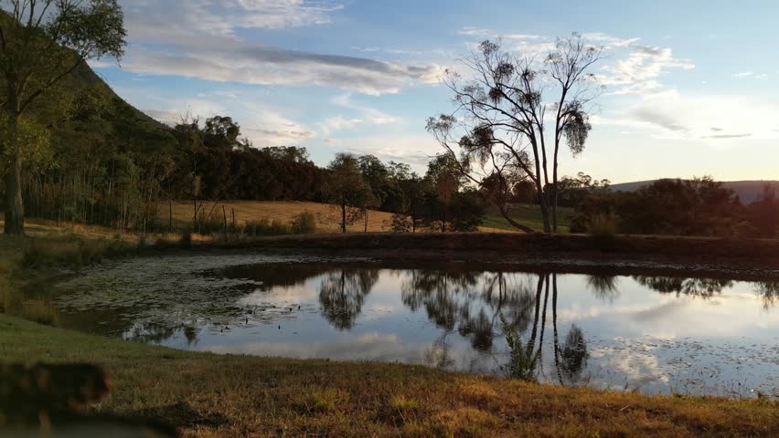 Lake reflection at dusk with beautiful moody sunset