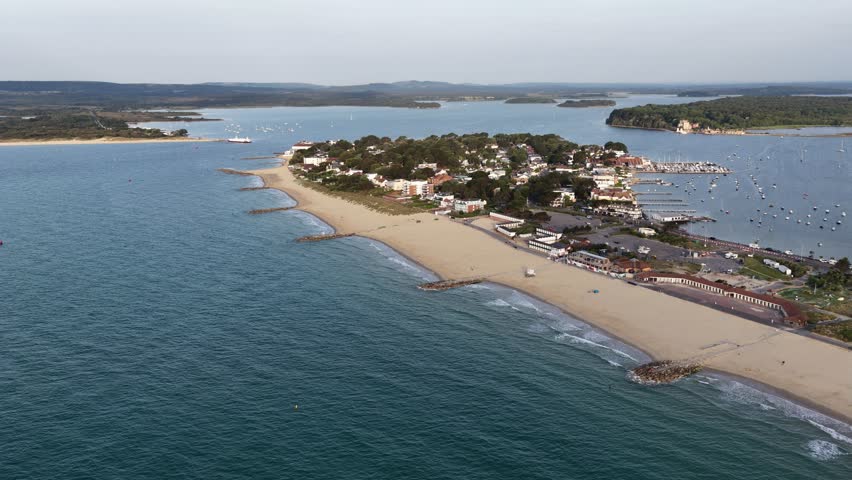 Aerial view of Sandbanks, Brownsea Island and Studland, Dorset, England.