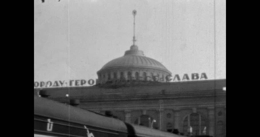 Dome and roof of the Odessa railway station. Inscription - Glory to the heroic city of Odessa. Archival video, film, 1970s, USSR