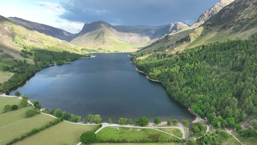 Aerial view of Buttermere Lake towards Haystacks, Lake District, England.
