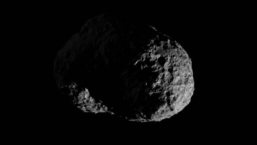 Looping 3D animation of a space asteroid rotation. Cyclic slow rotation of an object in space. File with Alpha Channel.