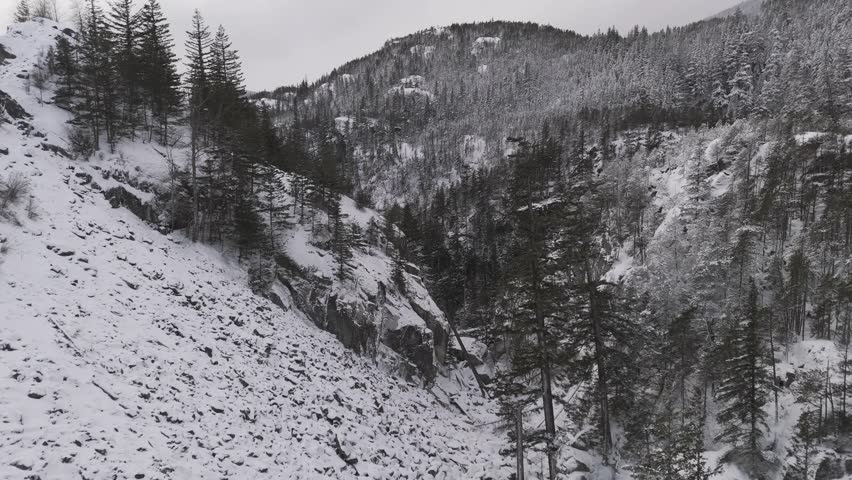 Majestic Winter Landscape of Snow-Covered Mountains and Pine Forests in British Columbia, Canada