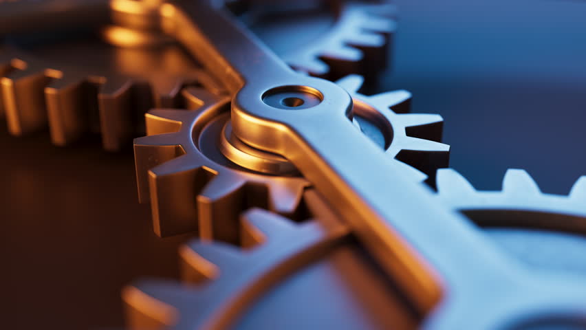 Looping animation of a mechanical structure made of metal gears. Cyclic movement. Close-up. Horizontal composition. Defocus.