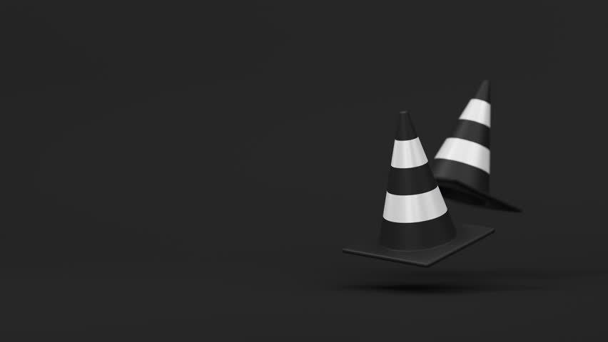 Floating pair of white black traffic cones on black background. Safety warning, under construction or coming soon symbol. 3d render loop