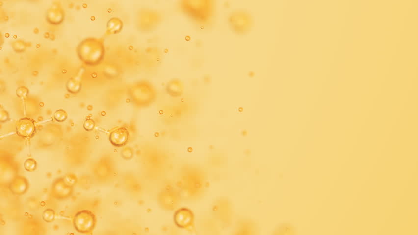 3d Abstract golden glass molecule structures motion background. Cosmetic collagen serum, essence oil, vitamin, hyaluronic acid for skin care. Healthcare concept loop animation