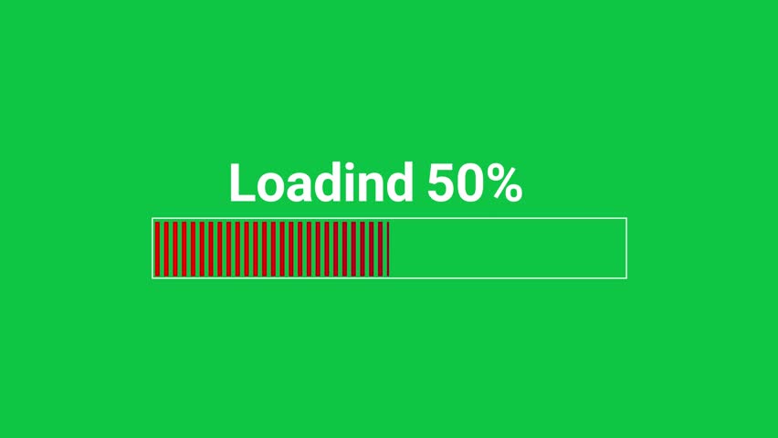 Loading progress animation from 0 to 50 percent on green screen. Red bars filling up. Clean flat UI, ideal for overlays or video tutorials