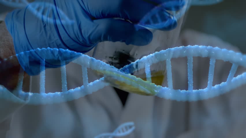 Male scientist aspirating yellow reagent into test tube for DNA analysis as animated helix rotating. Biotechnology, experimentation, scientific, research, molecular, innovation, technology