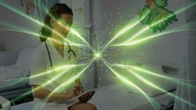 Mid-adult female nurse initiating pediatric data entry by tapping tablet while green energy pulsing. Healthcare, technology, pediatrics, innovation, professionalism, compassion, digital - Powered by Shutterstock - Get 15% off with code: PIKWIZARD15