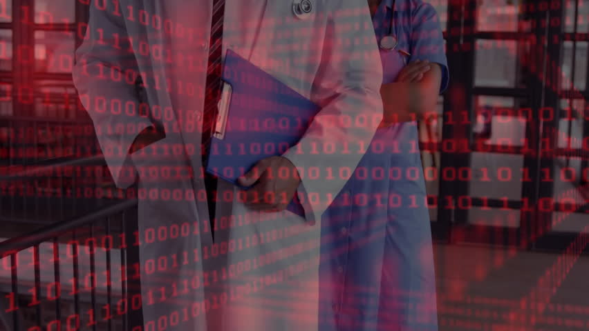 view shifting revealing duo wearing stethoscope as red binary code scrolling health data in atrium. Medical professionals, teamwork, innovation, digital health, hospital environment, healthcare - Powered by Shutterstock - Get 15% off with code: PIKWIZARD15