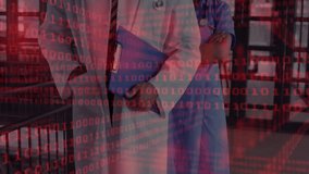 view shifting revealing duo wearing stethoscope as red binary code scrolling health data in atrium. Medical professionals, teamwork, innovation, digital health, hospital environment, healthcare - Powered by Shutterstock - Get 15% off with code: PIKWIZARD15