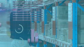 Warehouse worker walking aisle reaching for box, scanning with animated analytics updating. Industrial, logistics, analytics, inventory, supply chain, robotics, efficiency - Powered by Shutterstock - Get 15% off with code: PIKWIZARD15