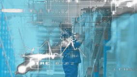 warehouse technician positioning ladder, climbing and checking stock with charts tracking levels. Industrial, logistics, data visualization, supply chain, inventory, analytics, efficiency - Powered by Shutterstock - Get 15% off with code: PIKWIZARD15