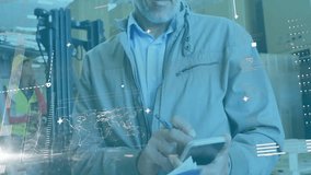 Warehouse lead tapping device and starting diagnostics using animated charts confirming functioning. Technology, data analysis, industrial, logistics, digital visualization, teamwork, productivity - Powered by Shutterstock - Get 15% off with code: PIKWIZARD15