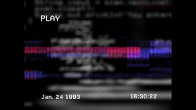 Timestamp hitting 16:30:22 showing PLAY indicator, code scrolling and charts animating in VHS loop. Digital, analysis, vintage, technology, data visualization, glitch, nostalgic - Powered by Shutterstock - Get 15% off with code: PIKWIZARD15