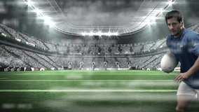 Gripping white ball, rugby player charging under floodlights and diving past goal line to score. Athlete, stadium, action, competition, sports, determination, adrenaline - Powered by Shutterstock - Get 15% off with code: PIKWIZARD15