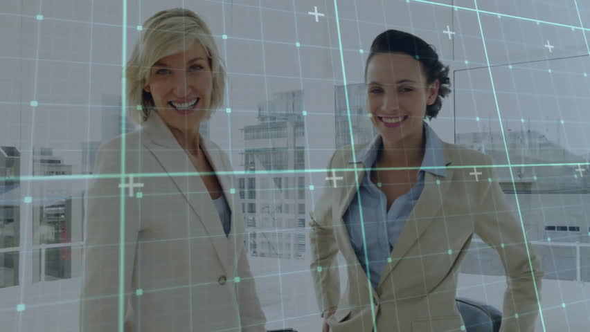Businesswoman entering room greeting associate, building rapport with handshake under digital grid. Professional, collaboration, networking, modern, urban, executive, corporate - Powered by Shutterstock - Get 15% off with code: PIKWIZARD15