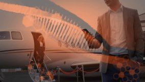 Businesswoman descending stairs and executive tapping phone activating data overlays on jet systems. Corporate, luxury, innovation, mobility, technology, executive, connection - Powered by Shutterstock - Get 15% off with code: PIKWIZARD15