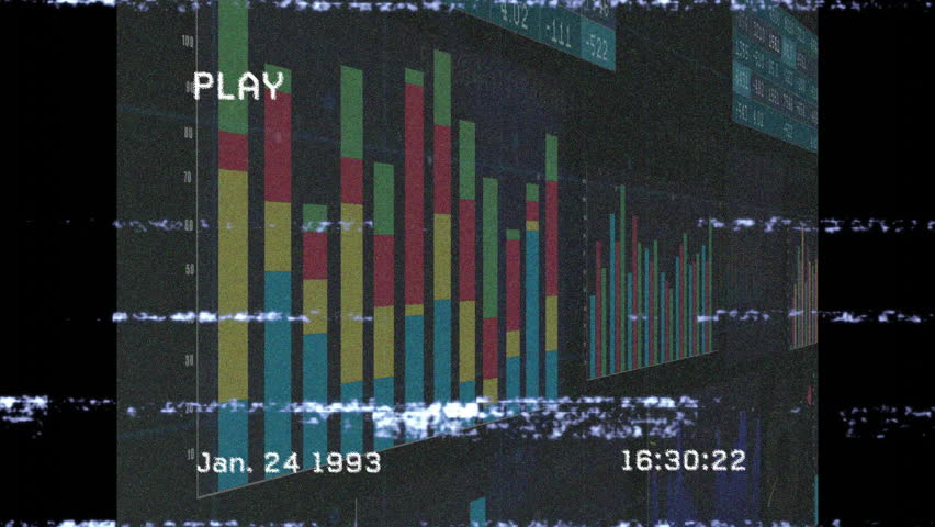 PLAY overlay sparking charts rotating, panning, timestamp updating glitching evoking VHS playback. Data, visualization, glitch, digital, static, analog, interface