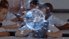 Students tapping tablets in class causing holographic globe rotating with data overlays for lesson. Education, technology, innovation, digital, interdisciplinary, futuristic, collaboration - Powered by Shutterstock - Get 15% off with code: PIKWIZARD15