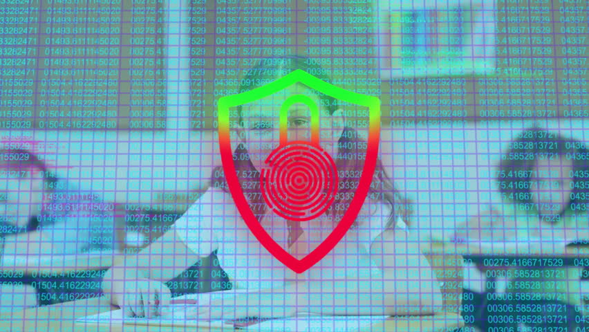 Girl writing at school desk upon code grid appearing and pulsing shield icon showing security. Education, classroom, technology, cybersecurity, learning, innovation, student - Powered by Shutterstock - Get 15% off with code: PIKWIZARD15