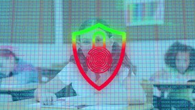 Girl writing at school desk upon code grid appearing and pulsing shield icon showing security. Education, classroom, technology, cybersecurity, learning, innovation, student - Powered by Shutterstock - Get 15% off with code: PIKWIZARD15