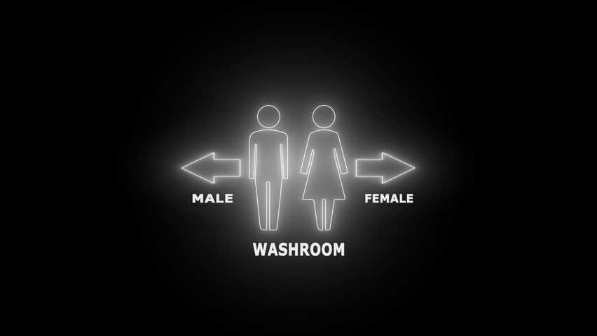 Neon washroom sign animation. Female and male gender neon sign. WC toilet sign neon light 4k motion graphics