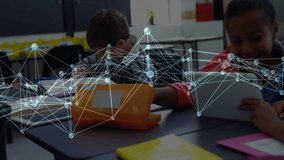 Third student arriving, pointing at tablet, classmates writing under pulsing network in education. Collaboration, digital, education, technology, teamwork, classroom, innovation - Powered by Shutterstock - Get 15% off with code: PIKWIZARD15