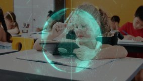 Schoolgirl tapping tablet and activating spinning holographic code globe in classroom. Education, technology, innovation, learning, digital, futuristic, classroom - Powered by Shutterstock - Get 15% off with code: PIKWIZARD15