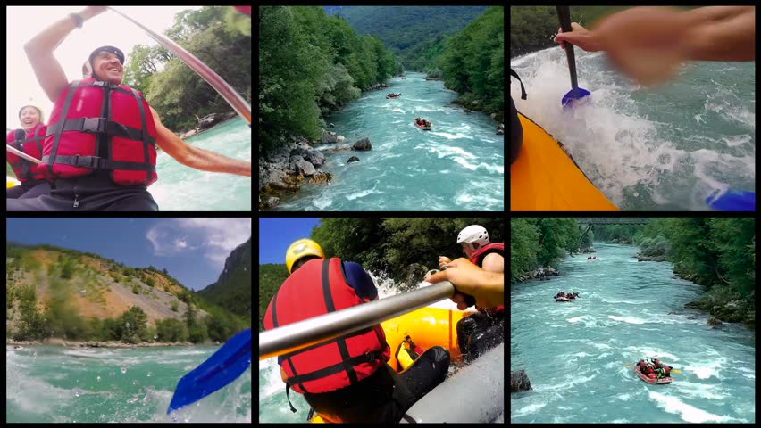 Whitewater Rafting - Split Screen Video Montage. Excited Men and Women Enjoy The Rafting. People in Rafting Boats Descending Whitewater Rapids. Active Vacations. Whitewater Rafting Aerial View.