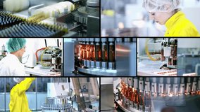 Pharmaceutical Manufacturing - Split Screen Video Montage. Medical Ampoules on the Production Line. Pharmaceutical Production Line Workers at Work. The Development of New Medicines. - Powered by Shutterstock - Get 15% off with code: PIKWIZARD15