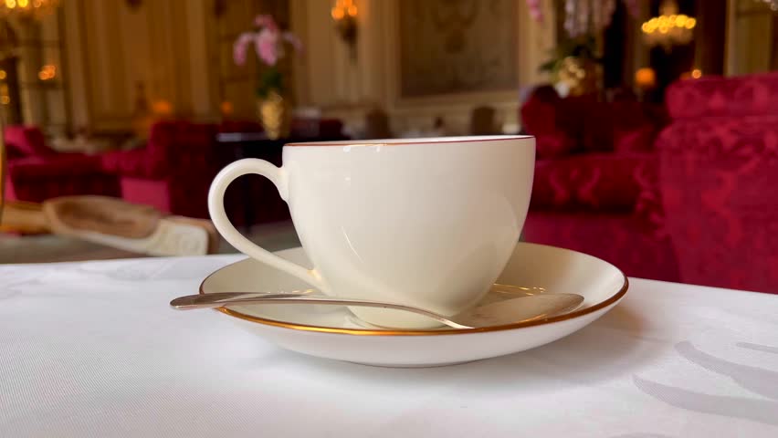 A single gold-rimmed teacup and saucer with teaspoon resting on crisp white linen, set against a plush English parlour backdrop, slow motion - Powered by Shutterstock - Get 15% off with code: PIKWIZARD15