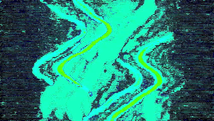 Digital abstract art presents horizontal blue lines. Lines intersect irregular vertical swath; chartreuse and black dominate. Glitch effect created via color disruption. Black areas suggest digital co