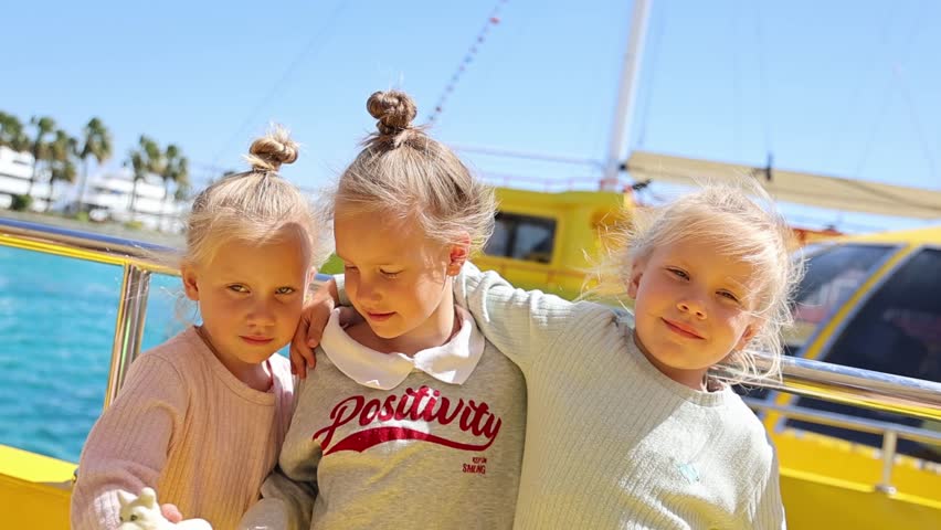 Three children, sisters, triplets, twins, are sailing on a tourist boat at sea