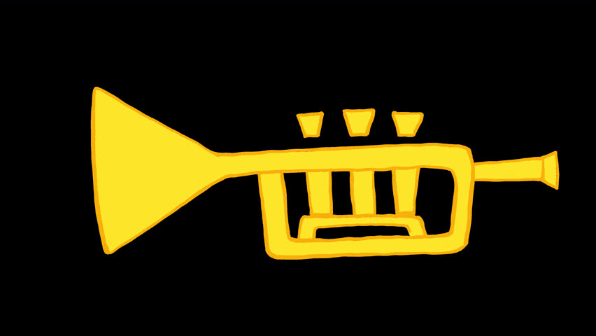 Cartoon golden trumpet plays and spins on black. Fun musical transition in 4K with alpha channel, ideal for vlog scenes or music-themed video cuts.