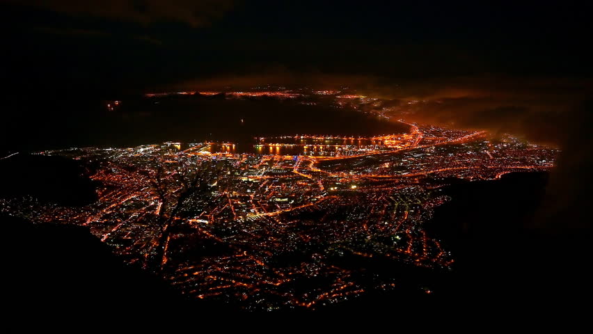 View of Cape Town City Bowl from Table Mountain at Night with Clouds