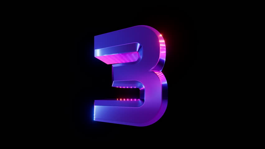 3D animation of a futuristic countdown from one to ten. Chrome numbers from 1 to 10. Metallic digits with neon light reflection isolated on black background