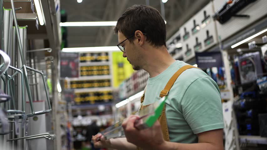 Handyman carefully inspecting spirit level, ensuring accuracy and precision for upcoming construction project in bustling hardware store
