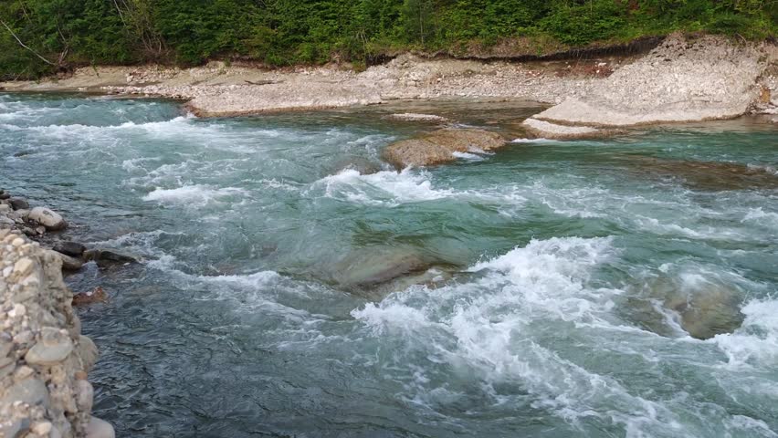 Wild river flowing through green landscape