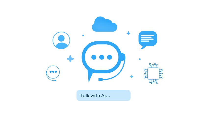 Talking with Ai bot concept 4k animation, modern, futuristic, ai infographics, help, chat, talk.