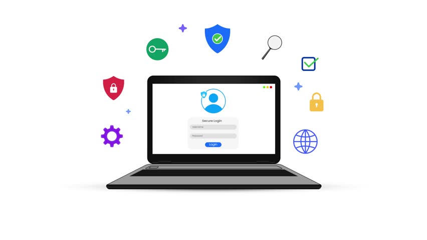 Login on the laptop screen with secure connection 4k animation, colorful and modern. Safe, security feature, login attempt.