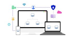 Networking between multiple devices and users concept showing on computer, laptop and mobile 4k animation with path. Technology, futuristic, data sharing, transfer, secure connection - Powered by Shutterstock - Get 15% off with code: PIKWIZARD15