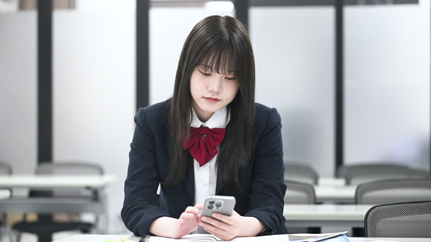 A Japanese high school girl tapping on her smartphone in class. Internet, email, and social media.