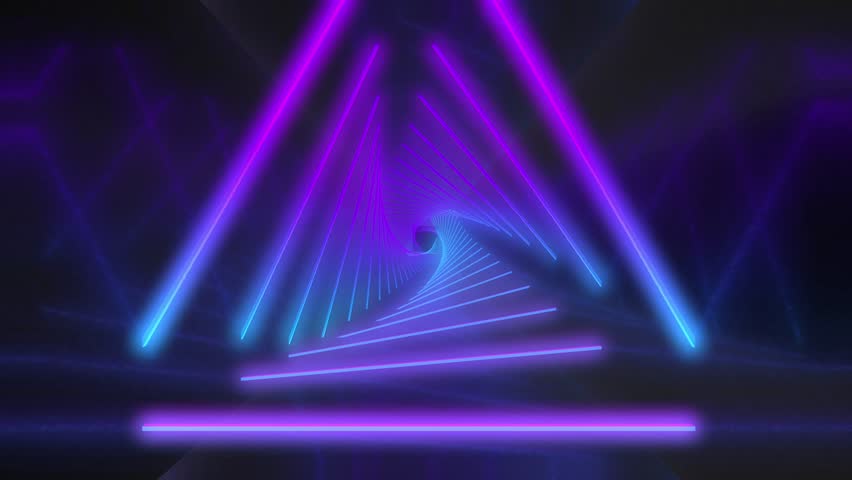 abstract flying in futuristic corridor with triangles, seamless loop 4k background, fluorescent ultraviolet light, colorful laser neon lines, geometric endless tunnel, blue pink spectrum,