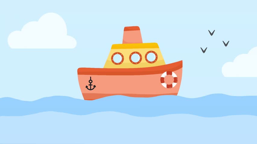 A bright and cheerful animation of a cartoon boat sailing across the sea. Ideal for early learning or transportation themes.