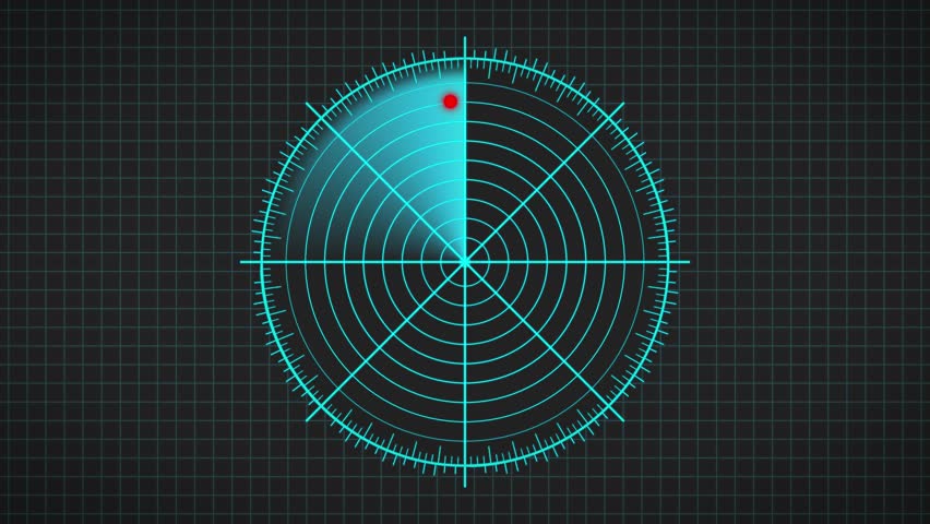 Video animation of a radar screen in blue with scanning beam on dark background. Virtual dashboard interface in a seamless loop.