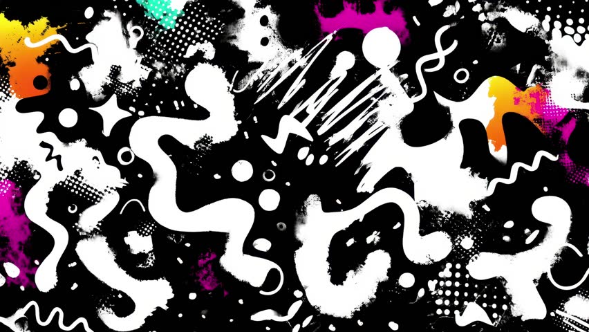 Messy and artistic animated loop with street vibes, comic grunge strokes, and funky paint splatter. Ideal for creative motion backdrops and VJing.