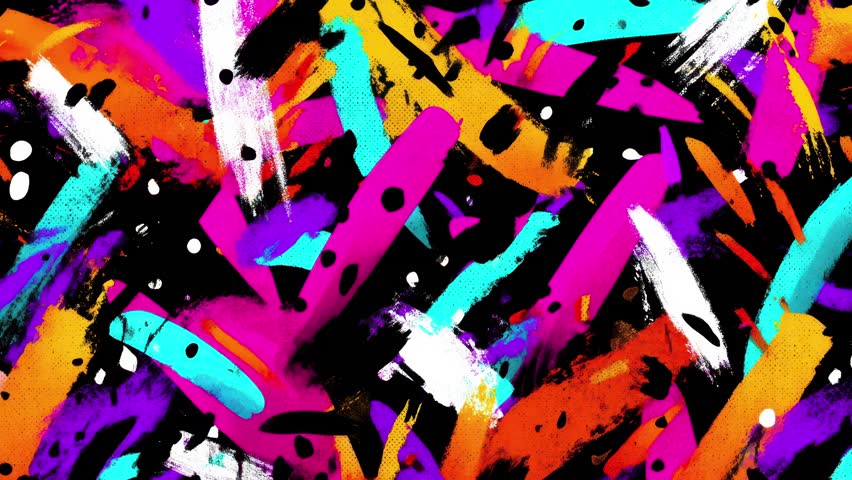 Messy and artistic animated loop with street vibes, comic grunge strokes, and funky paint splatter. Ideal for creative motion backdrops and VJing.