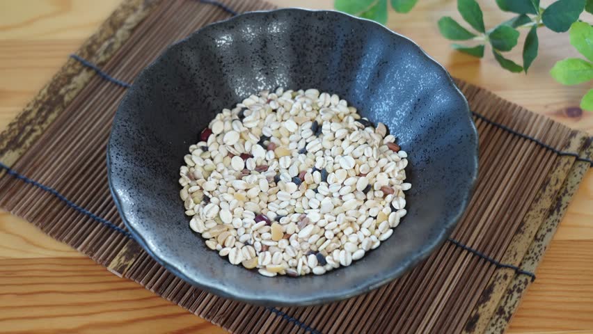 Japanese mixed grain rice. 10 different grains on a plate.
