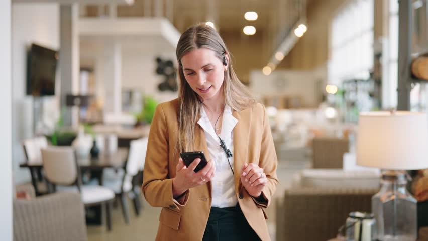 Confident associate strolls between displays, smiling down at smartphone