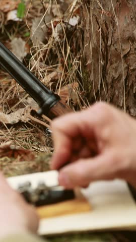 Russian Soviet Infantry Red Army Soldier In World War II using Russian Soviet Portable Radio Transceiver In Trench Entrenchment In Spring Autumn Forest. . Headphones And Telegraph Key. Close Up Hands,